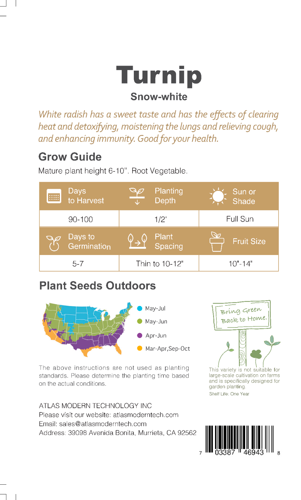 Snow Pearl Turnip Seeds Sweet White Non-GMO Easy Grow High Yield