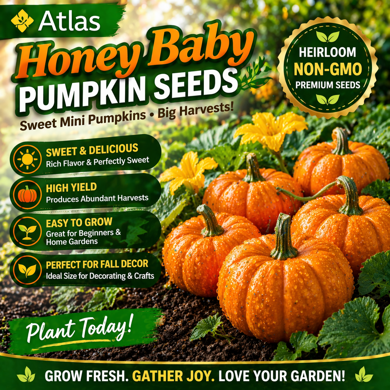 Honey Baby Pumpkin Seeds Mini Orange Sweet Non-GMO Easy Grow