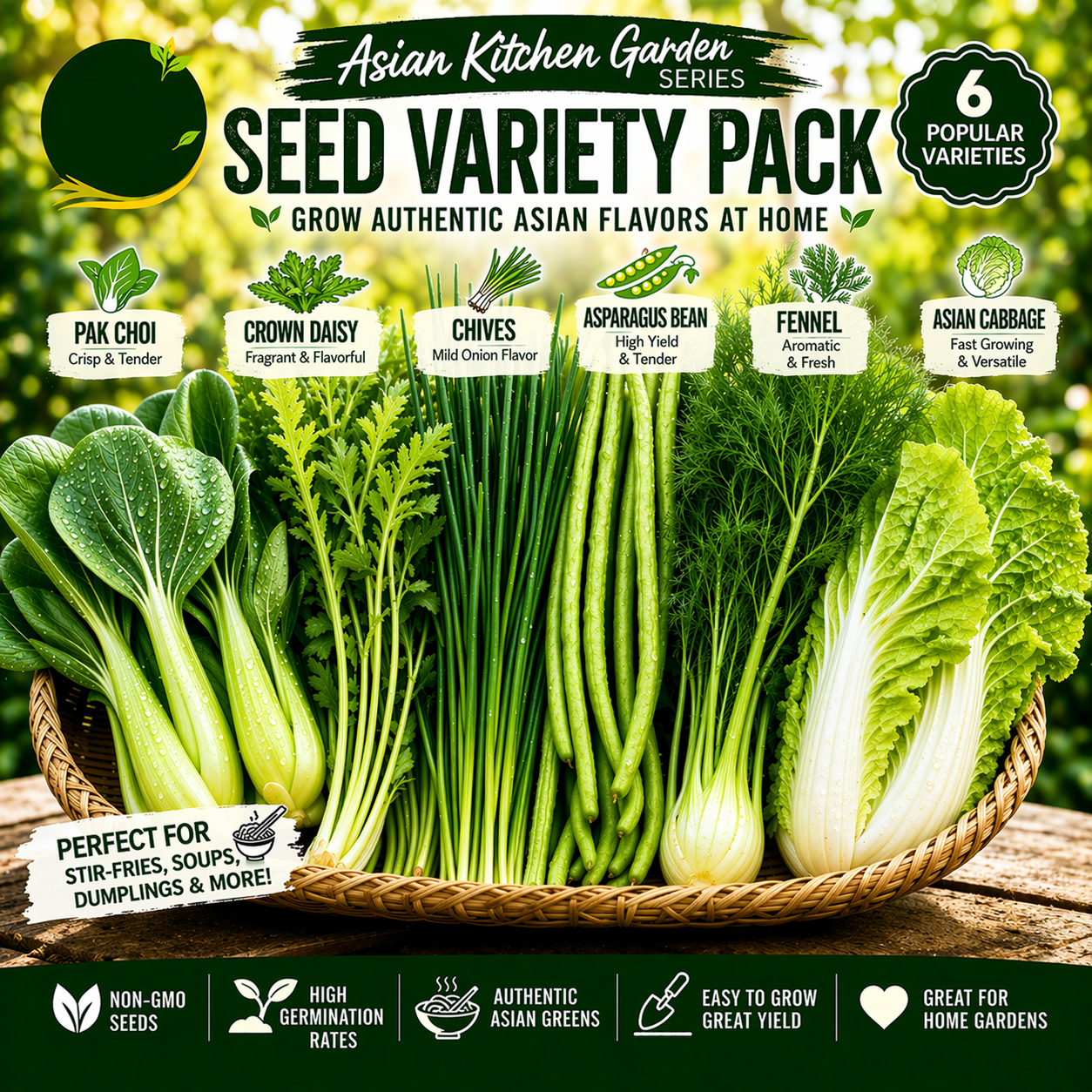 1000+ Asian Kitchen Garden Seeds Pack Non-GMO Pak Choi Chives Mix