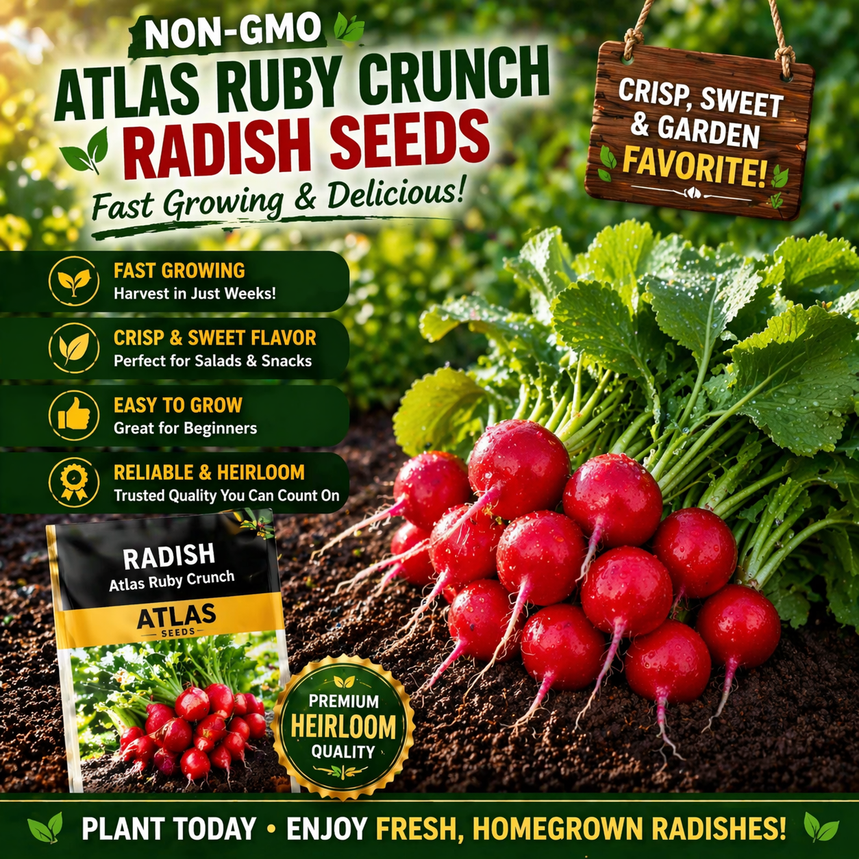 Ruby Crunch Radish Seeds Non-GMO Fast Growing Crisp Sweet