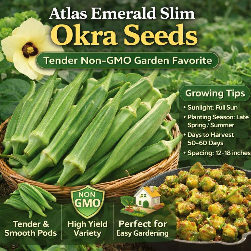 Emerald Slim Okra Seeds Tender Non-GMO Garden Favorite